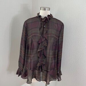 Chaps Womens Plus 2X Plaid Sheer Ruffled Button Up Blouse Long Sleeve Top